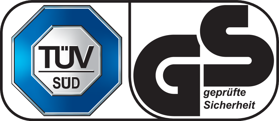 TÜV SÜD ir GS sertifikatai: geprüfte Sicherheit (patikrinta sauga).