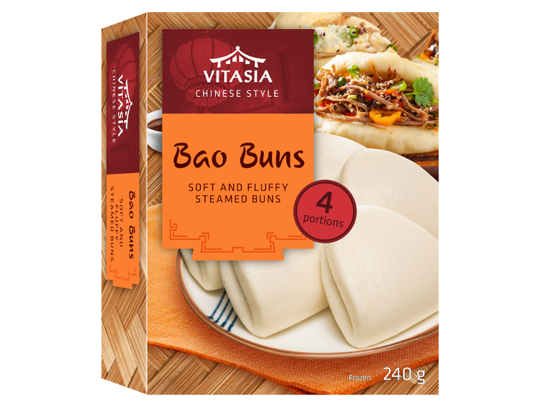 Bao Buns dėžutė su 4 porcijomis, minkštos ir purios garintos bandelės, kiniško stiliaus, 240 g šaldytos.