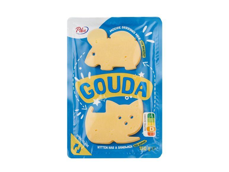 Pilos Gouda sūrio griežinėliai, pelytės ir katytės formos, 150g