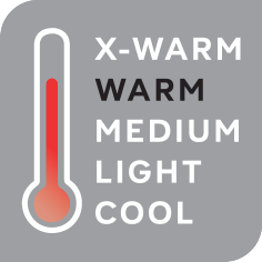 Termometras su šilumos lygiais: X-WARM, WARM, MEDIUM, LIGHT, COOL.