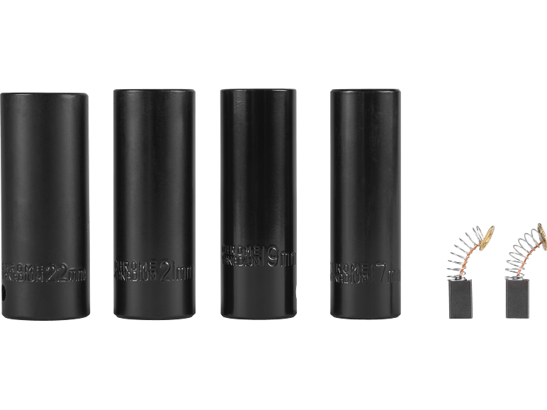 Keturi juodi galvutės raktai 22mm, 21mm, 19mm, 17mm ir du angliniai šepetėliai su spyruoklėmis.