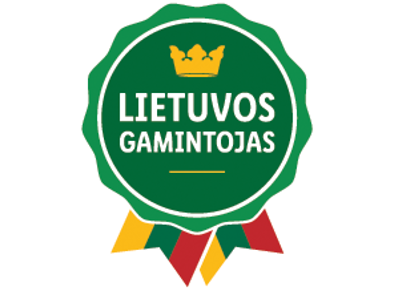Žalias ženklelis su karūna ir Lietuvos vėliavos juostelėmis bei užrašu 'LIETUVOS GAMINTOJAS'.