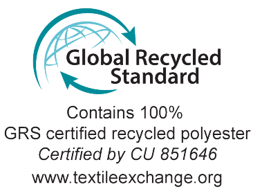Global Recycled Standard antspaudas: Sudėtyje yra 100% GRS sertifikuoto perdirbto poliesterio, sertifikuota CU 851646.