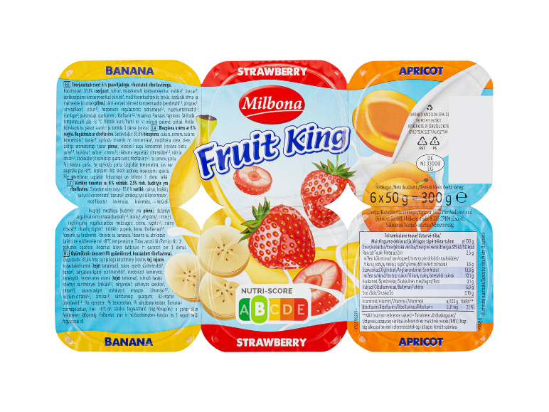 'Milbona Fruit King' vaisinis jogurtas su bananų, braškių ir abrikosų skoniais.
