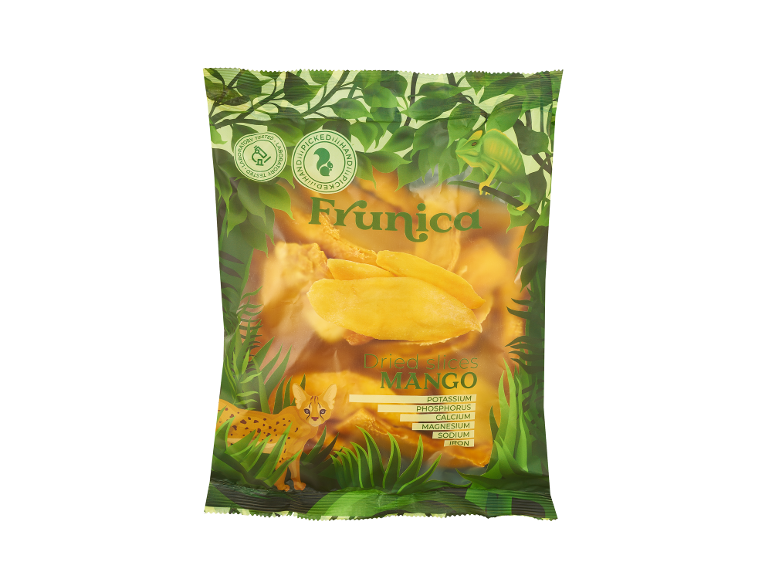 Džiovintų mango griežinėlių pakuotė su džiunglių iliustracija.