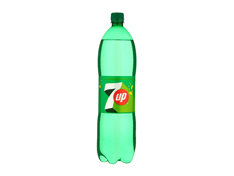Plastikinis gazuoto gaiviojo gėrimo '7UP' su citrinų ir žaliųjų citrinų skoniu butelis.