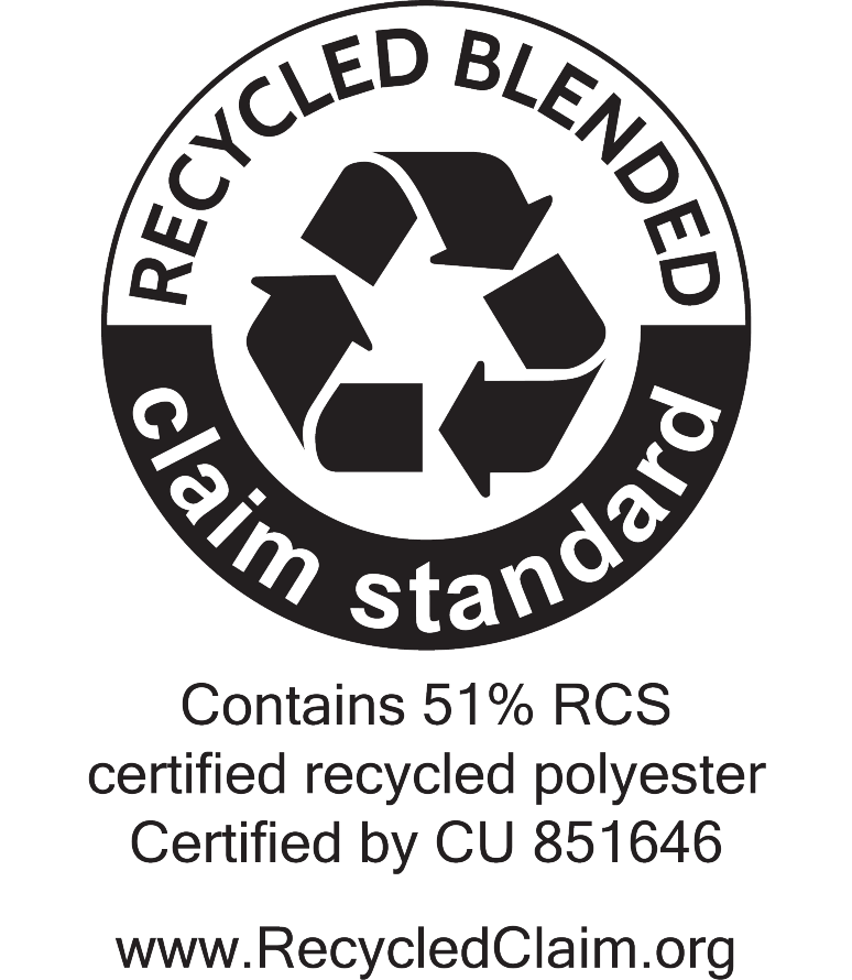 Recycled Blended Claim Standard antspaudas: Sudėtyje yra 51% RCS sertifikuoto perdirbto poliesterio, sertifikuota CU 851646. www.RecycledClaim.org