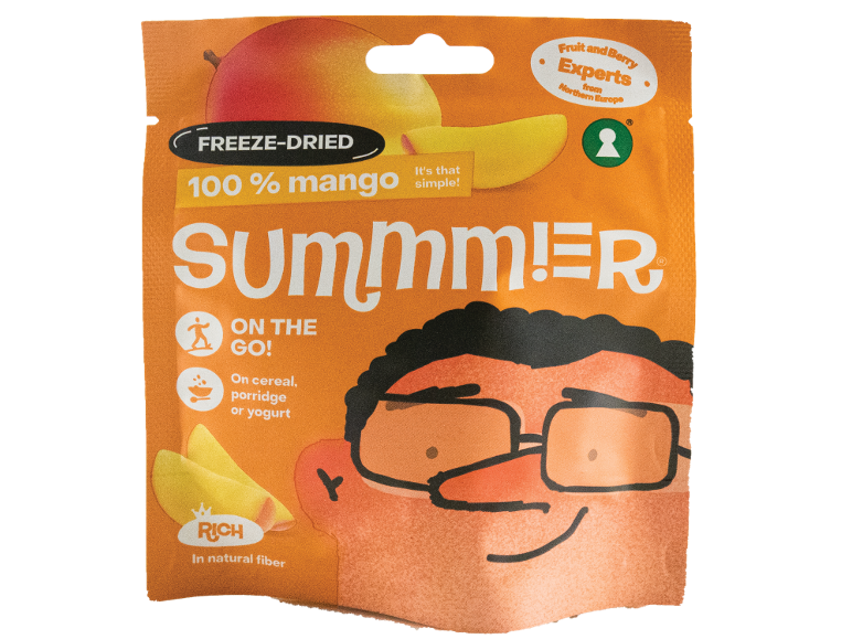 Šaltyje džiovinti 100 % mango griežinėliai spalvingoje oranžinėje pakuotėje.