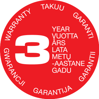 Raudonas antspaudas su skaičiumi 3 ir tekstu „YEAR“, „GARANTIJA“ ir „TAKKUU“ keliomis kalbomis.