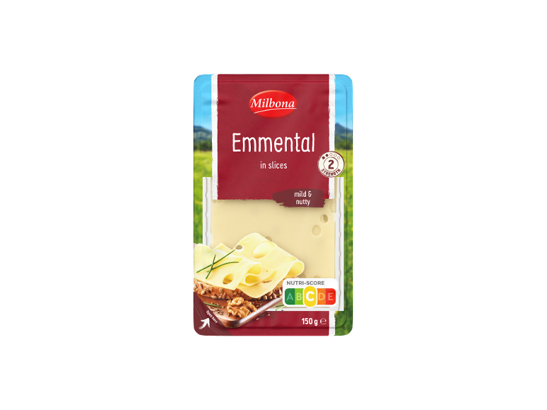 Pakuotė pjaustyto Emmental sūrio, švelnaus ir riešutų skonio, su Nutri-Score A.