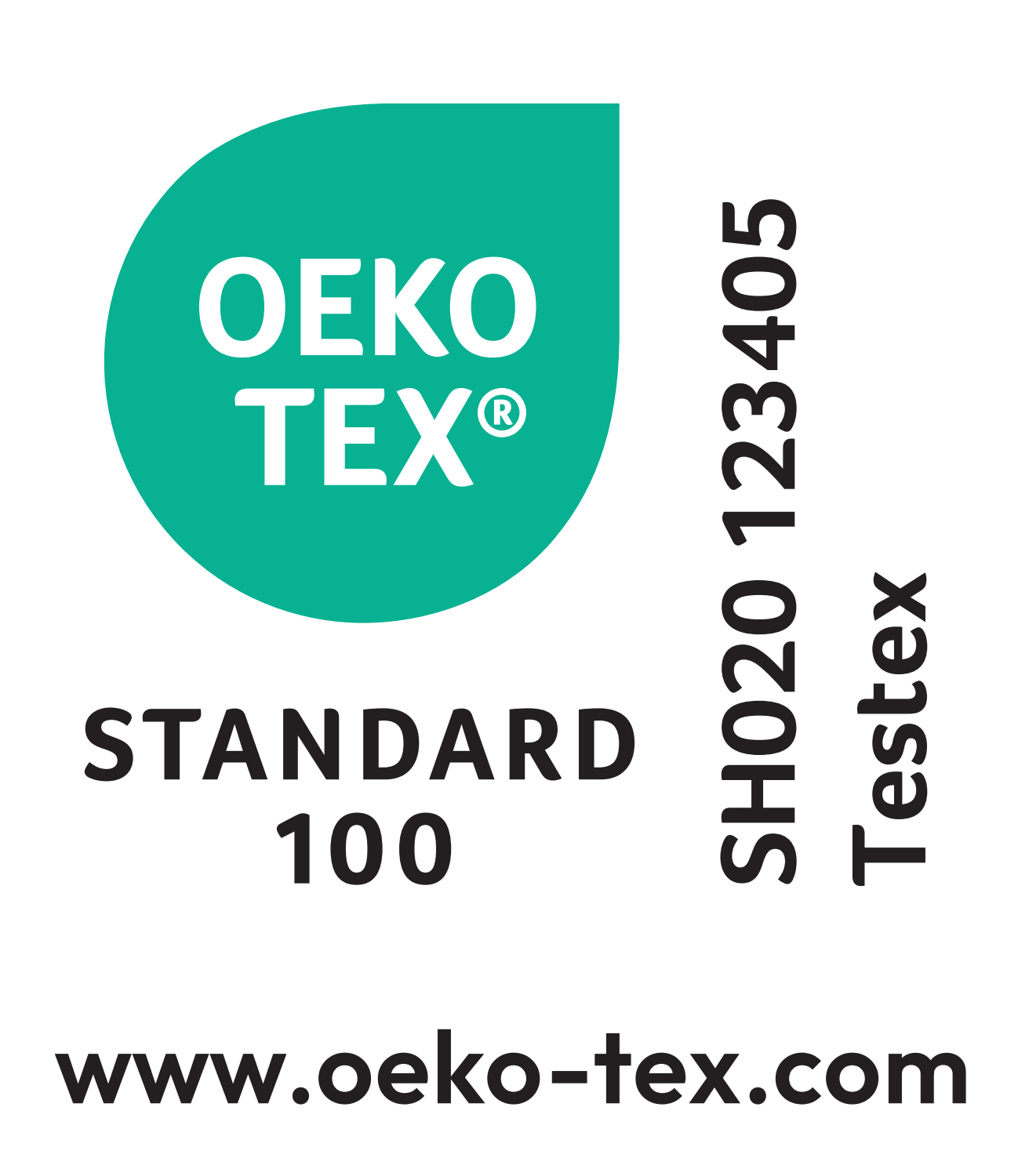STANDARD 100 etiketė, SH020 123405 Testex, www.oeko-tex.com