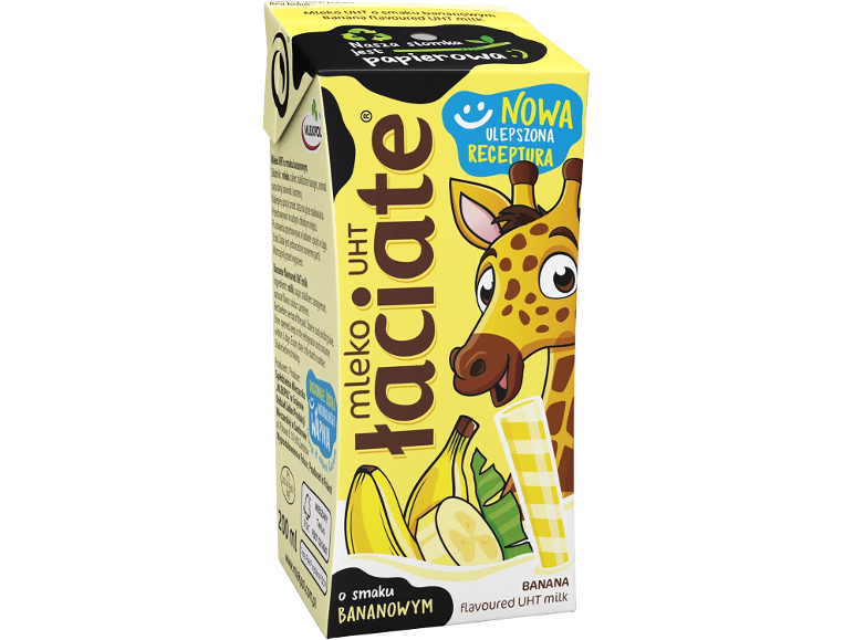 Bananų skonio UHT pienas geltonoje kartoninėje pakuotėje su nupiešta žirafa.