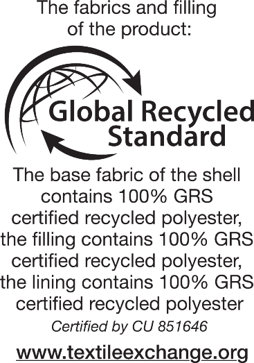 Global Recycled Standard etiketė: 100% GRS sertifikuotas perdirbtas poliesteris audiniui, užpildui ir pamušalui. Sertifikuota CU 851646. www.textileexchange.org