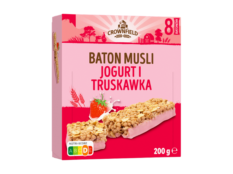 Jogurto ir braškių musli batonėlių pakuotė, su Nutri-Score C ir 200g svoriu.