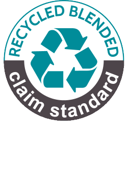 Recycled Blended Claim Standard antspaudas, sudėtyje yra 38% RCS sertifikuoto perdirbto poliesterio.