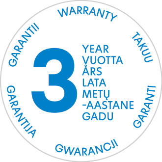 3 metų garantijos antspaudas keliomis kalbomis.