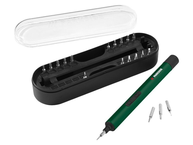 Žalias elektrinis atsuktuvas su keičiamais antgaliais ir permatomu plastikiniu dėklu.