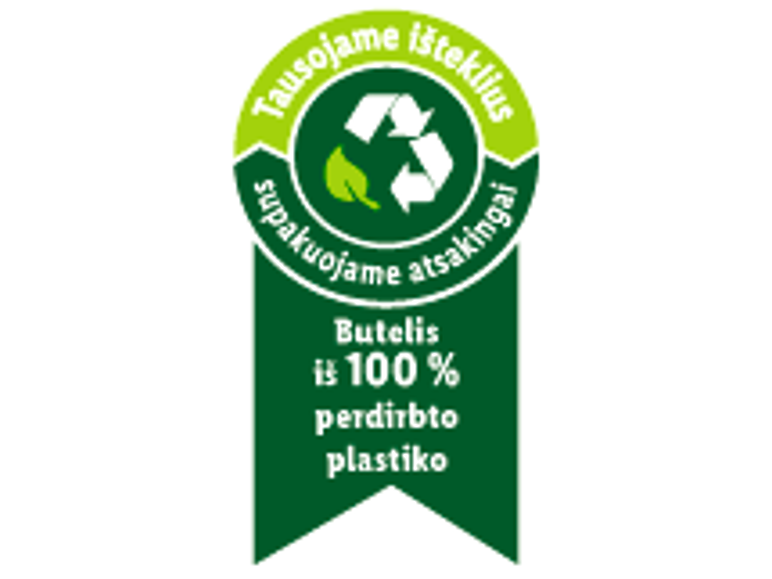 Žalias ekologinis ženklas su užrašu 'Butelis iš 100 % perdirbto plastiko'.