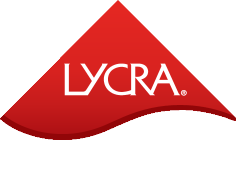 Raudonas trikampis antspaudas su baltu žodžiu „LYCRA“.