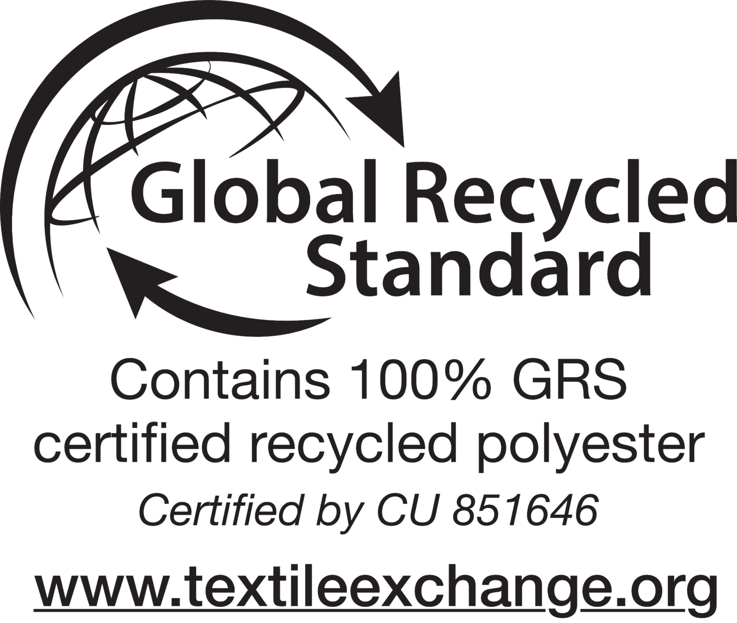 Global Recycled Standard antspaudas: Sudėtyje yra 100% GRS sertifikuoto perdirbto poliesterio, sertifikuota CU 851646.