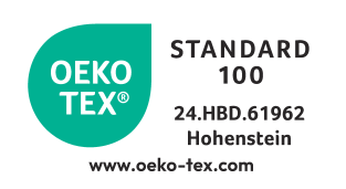 OEKO-TEX® STANDARD 100 antspaudas su numeriu 24.HBD.61962 Hohenstein ir svetaine.