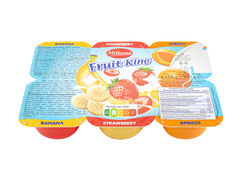 Milbona Fruit King šviežio sūrio desertas su bananų, braškių ir abrikosų skoniais