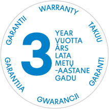 3 metų garantijos antspaudas keliomis kalbomis.