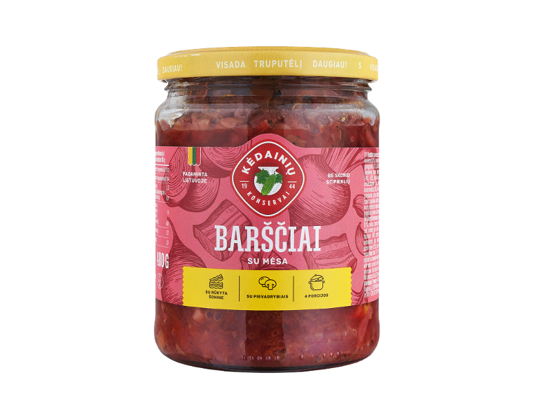 Burokėlių barščiai su mėsa ir pievagrybiais stiklainyje, 480 g