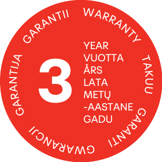 3 metų garantijos etiketė keliomis kalbomis.