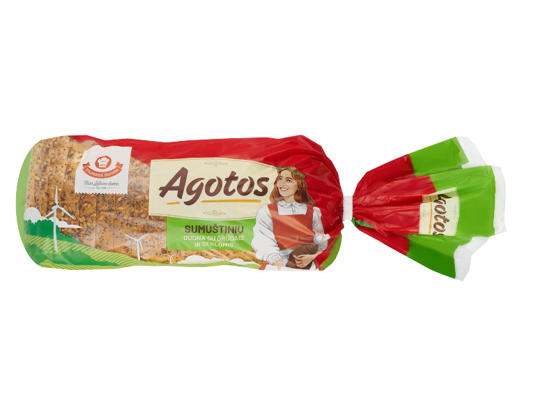 Raikyta sumuštinių duona su grūdais ir sėklomis pakuotėje