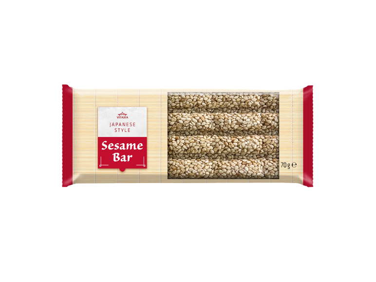 VITASIA Sesamriegel 70g: Japoniško stiliaus sezamo batonėlis bambuko rašto pakuotėje.