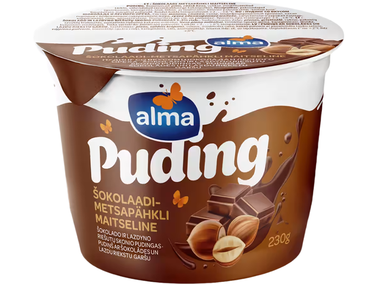 Šokolado ir lazdyno riešutų skonio pudingas, 230g indelyje.
