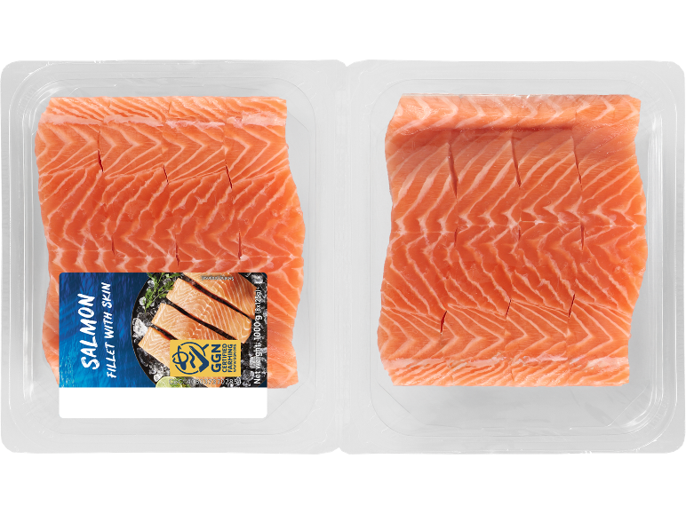 Šviežia lašišos filė su oda pakuotėje, 1000 g.