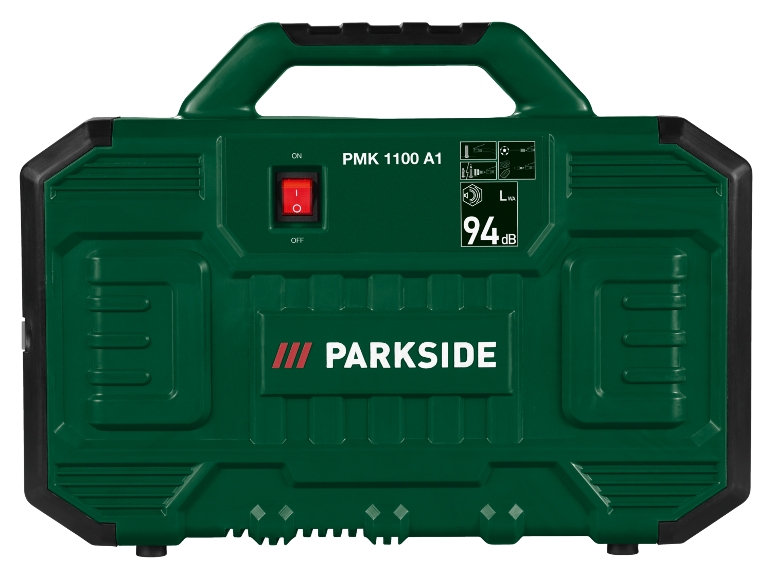 Žalias nešiojamas elektrinis generatorius su įjungimo/išjungimo jungikliu ir 94 dB triukšmo lygiu.