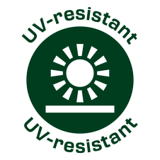 UV atsparumo ženklas su saulės simboliu.