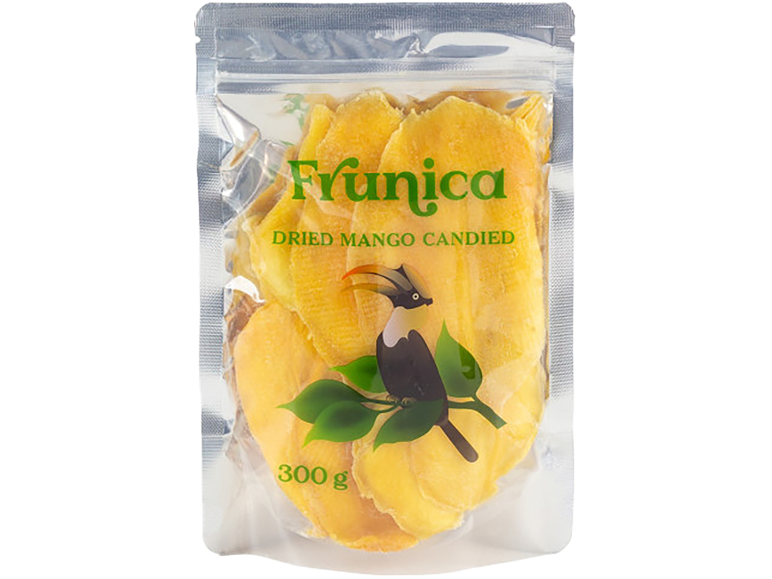 300 g džiovintų cukruotų mangų griežinėlių pakuotė su paukščio iliustracija priekyje.