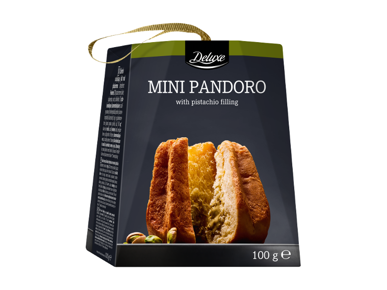 Mini Pandoro su pistacijų įdaru, 100g, tamsioje dėžutėje su auksiniu kaspinu.