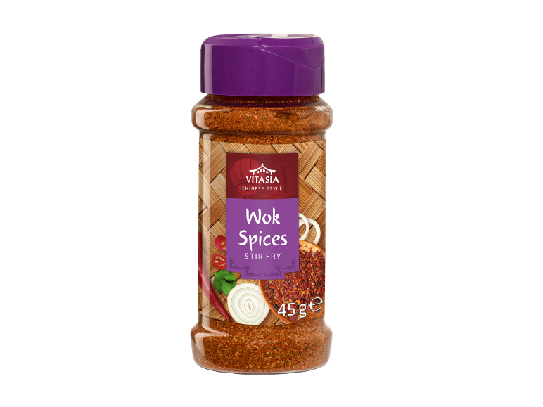 Wok prieskonių indelis su užrašu „Wok Spices Stir Fry“, 45 g.
