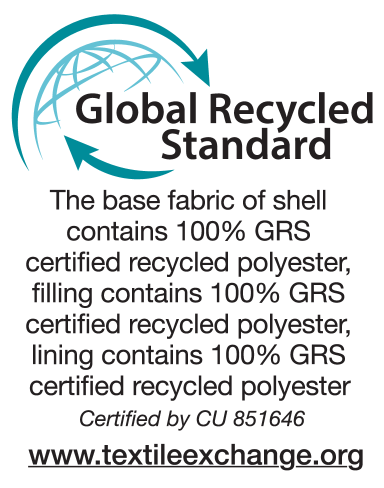 Global Recycled Standard sertifikatas: 100% GRS sertifikuotas perdirbtas poliesteris.