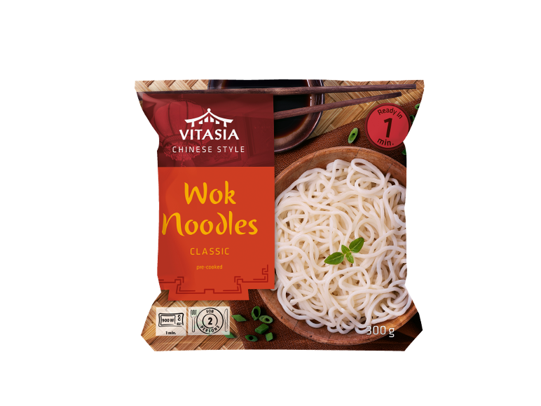 Klasikinių, iš anksto paruoštų wok makaronų pakuotė, paruošta per 1 minutę, 300g.