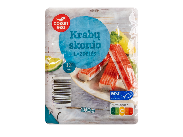 Ocean Sea krabų skonio lazdelės, 200g pakuotė su 12 vienetų.