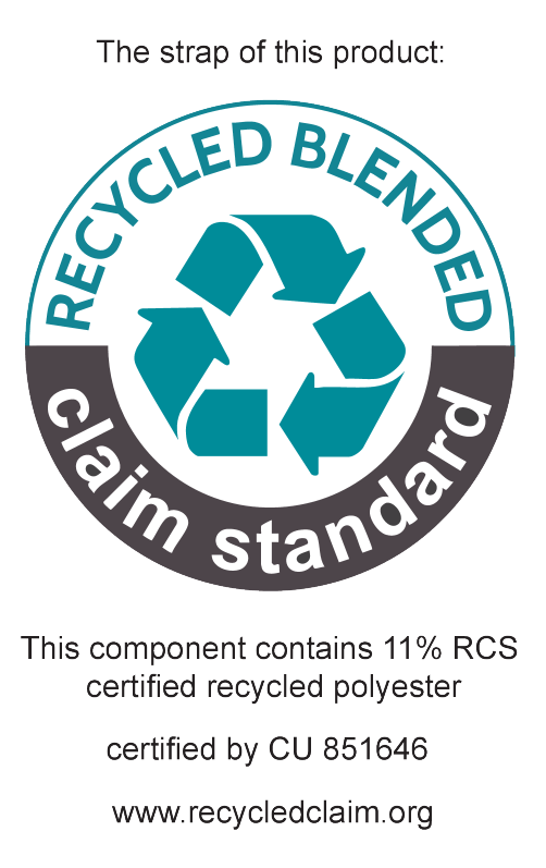 Produkto dirželis: Recycled Blended Claim Standard, 11% RCS sertifikuoto perdirbto poliesterio, sertifikuota CU 851646, www.recycledclaim.org