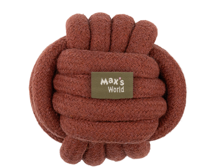 Rudas pintas virvinis šuns žaislas su etikete „Max's World“.