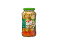 Stiklainis marinuotų grybų su paprika ir prieskoniais, su žalia etikete ir žaliu dangteliu.