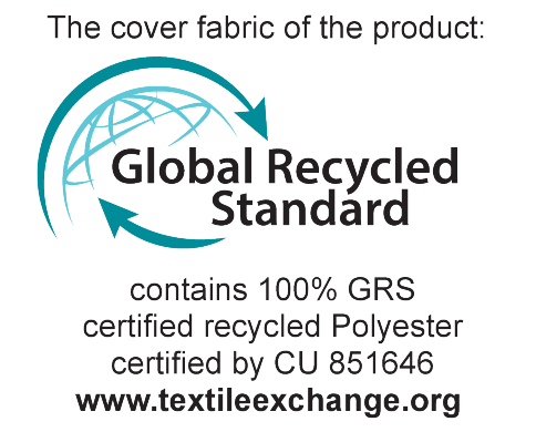 Produkto dangos audinys: Global Recycled Standard, sudėtyje yra 100% GRS sertifikuoto perdirbto poliesterio, sertifikuota CU 851646, www.textileexchange.org