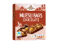 Šokoladinių musli batonėlių dėžutė su 8 batonėliais, Fairtrade kakava ir maistine informacija.