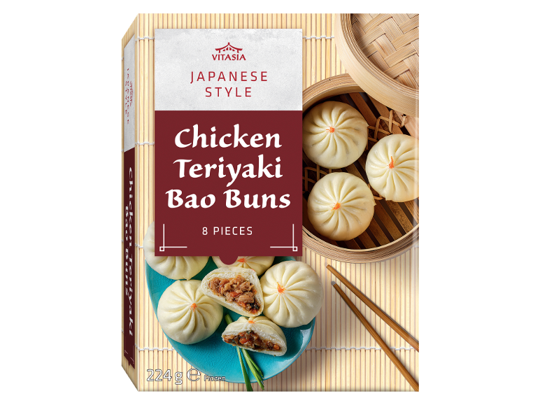 VITASIA Chicken Teriyaki Bao Buns, 8 vnt., 224g, šaldyti, bambuko krepšelyje.