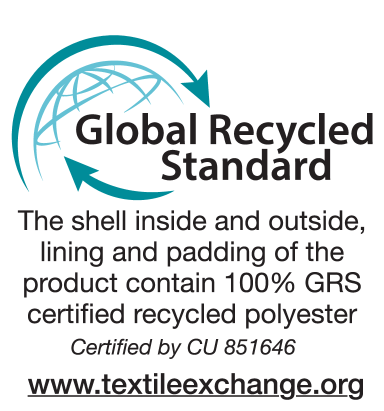 Global Recycled Standard antspaudas: 100% GRS sertifikuotas perdirbtas poliesteris, sertifikuotas CU 851646.