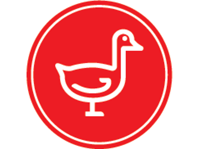 Prekių ženklo 'Rzeźnik' logotipas su balta žąsimi raudoname apskritime.