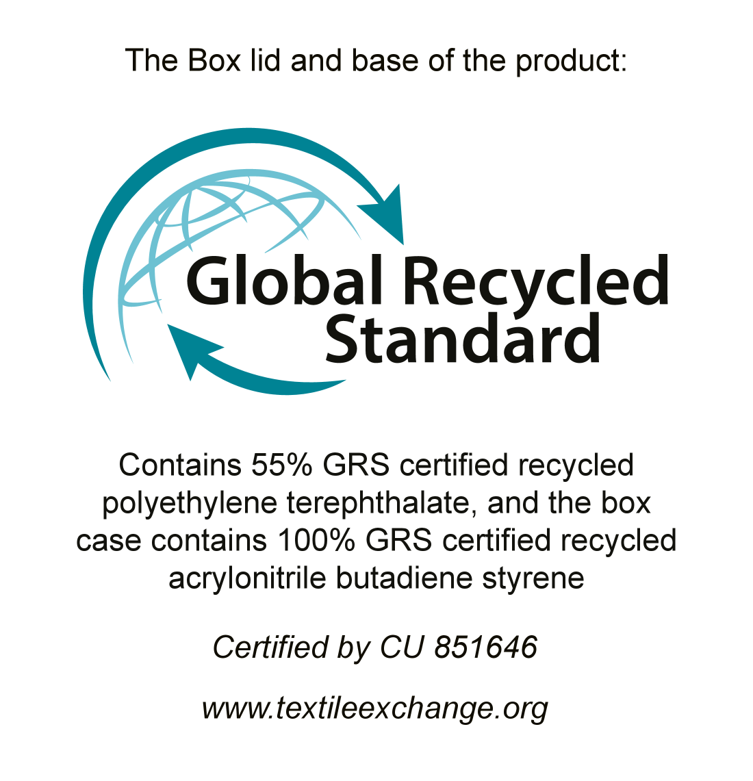 Global Recycled Standard ženklas: 55% perdirbto PET, 100% perdirbto ABS. Sertifikuota CU 851646.